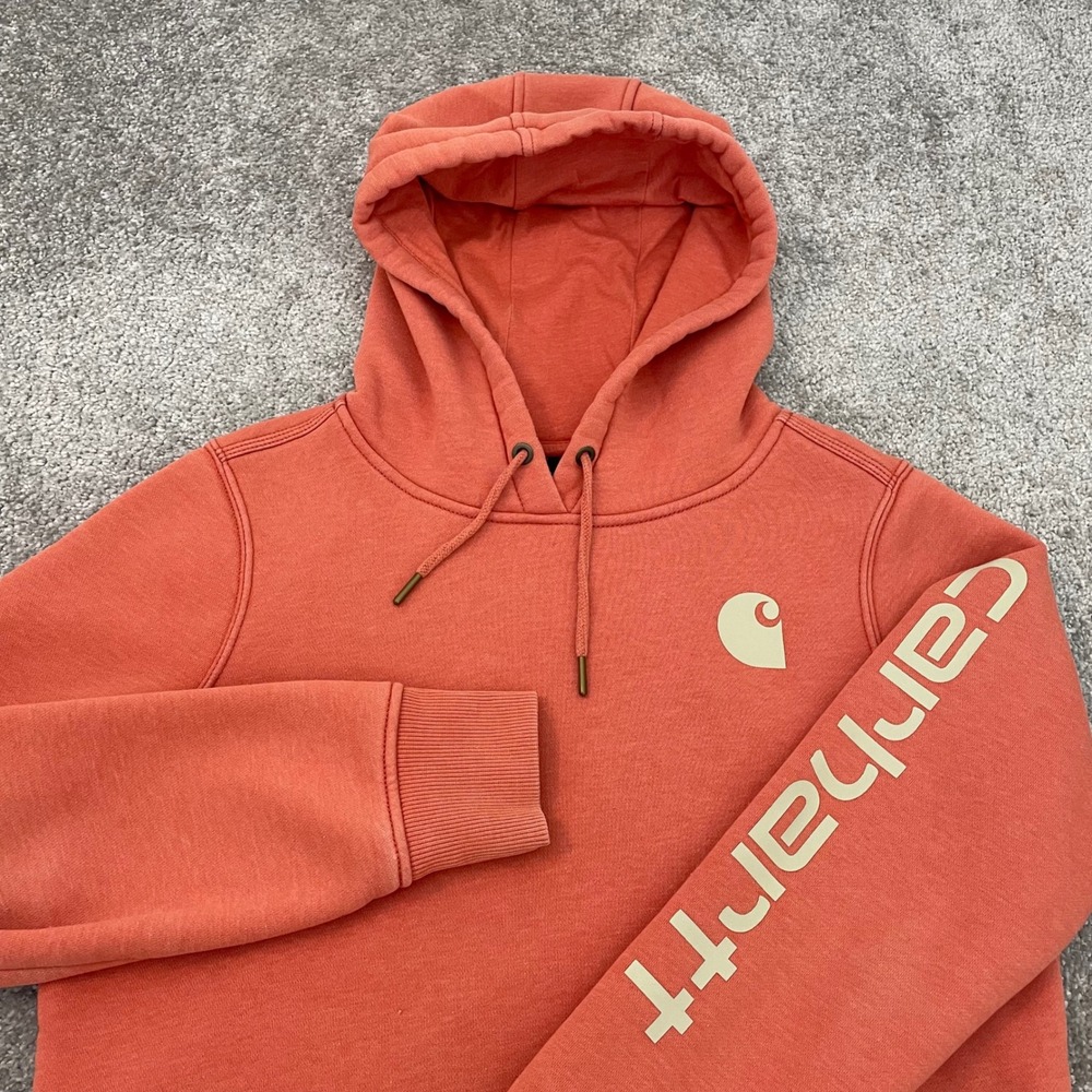 Carhartt Hoodie Womens Small Relaxed Fit Coral Orange Graphic Logo Spellout Fall